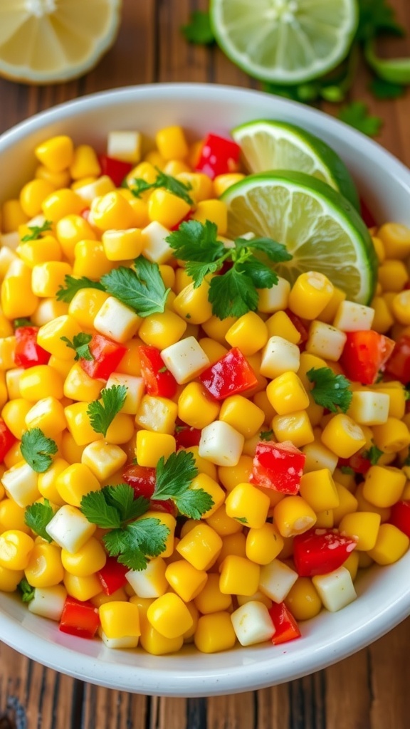 A vibrant sweet corn salad with corn, bell peppers, and cilantro in a bowl on a wooden table.